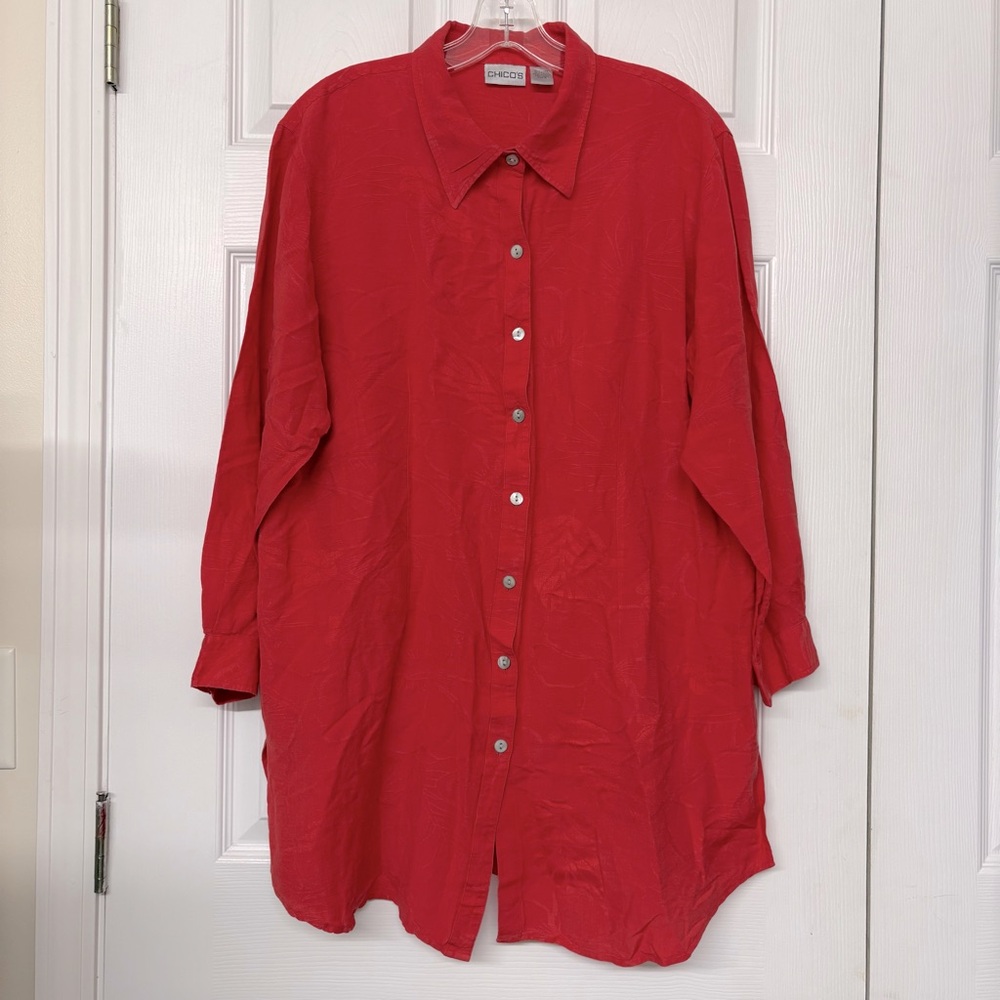 Chico's Embroidered Tone on Tone Button Front Linen Blend Top Lagenlook Sz XL